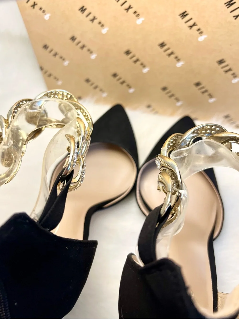Mix No. 6 Dinla Black Suede Pointed-Toe Pump with Gold Crystal Chain Ankle Strap